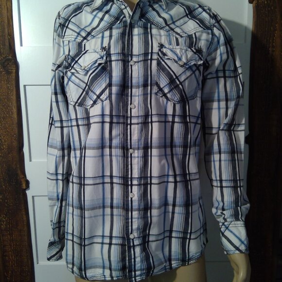 BKE Men's Long Sleeve Button-Up Blue and White Plaid Shirt (Size Medium) - Picture 1 of 10